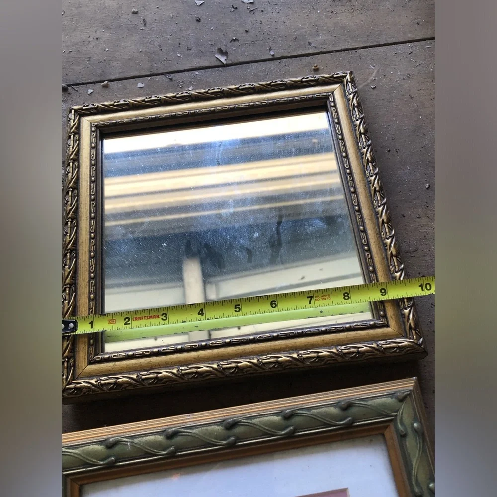 Vintage gold tone picture frame and mirror, holds a 9.5 x 7.5” photo READ ad